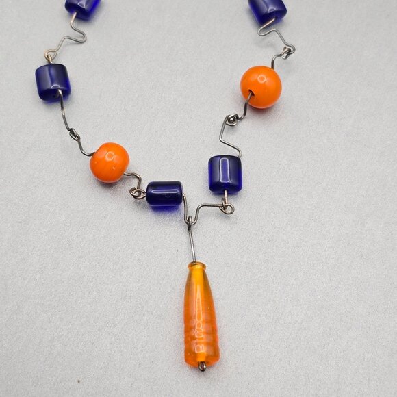 VTG Artisian Necklace Sterling Silver Cobalt Blue & Orange Beaded Necklace 16" - Picture 2 of 11